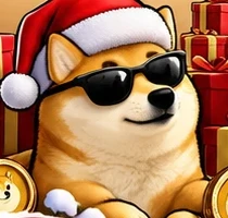 Doge in sunglasses surrounded by gifts and coins