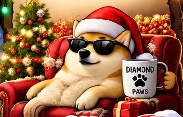 Doge relaxing by the fire with a diamond paws mug
